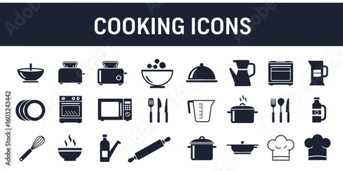 Collection of black and white cooking icons, showing various kitchen appliances and utensils.