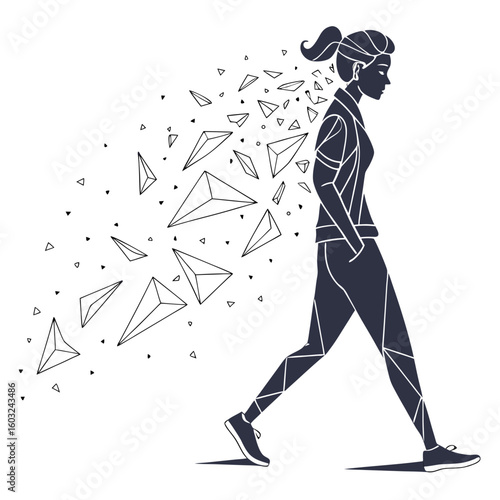 Silhouette in Motion: An elegant illustration of a woman gracefully striding forward. Her silhouette, adorned with fragmented geometric elements, embodies a sense of dynamic energy and modern style.