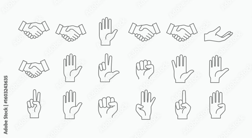 Fototapeta premium Collection of simple line art illustrations of various hand gestures.