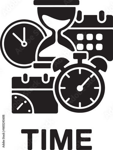 Black icons of clocks hourglass and calendar alarm time