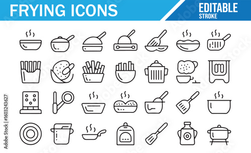 Collection of food and frying pan icons for cooking applications, kitchens, and recipes

