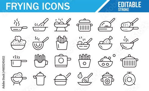 Set of cooking and frying icons for food preparation, frying pans, and culinary tools
