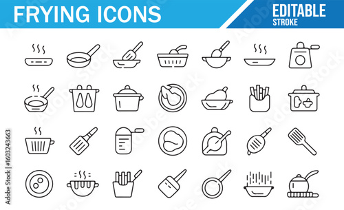 Vector icons for frying, cooking, and kitchenware featuring pans, utensils, and appliances
