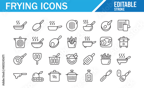 Set of kitchen and frying icons depicting pans, spatulas, and deep fryers

