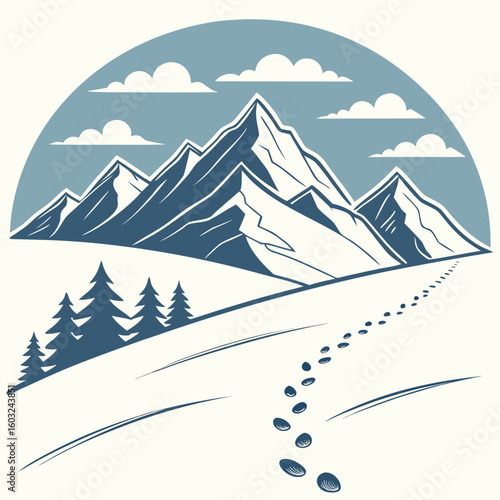 Mountain Trail: Depicting a scenic route with snowy mountain peaks and footprints, this illustration captures the essence of outdoor adventures.