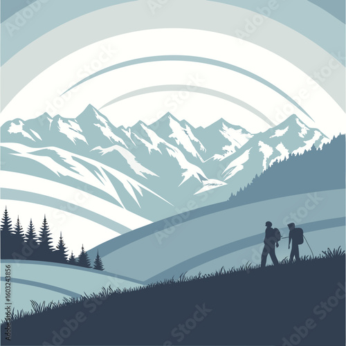 Hiking Adventure: Two hikers are captured traversing a mountainous terrain. capturing their shared journey against the backdrop of a breathtaking landscape, capturing a sense of freedom.