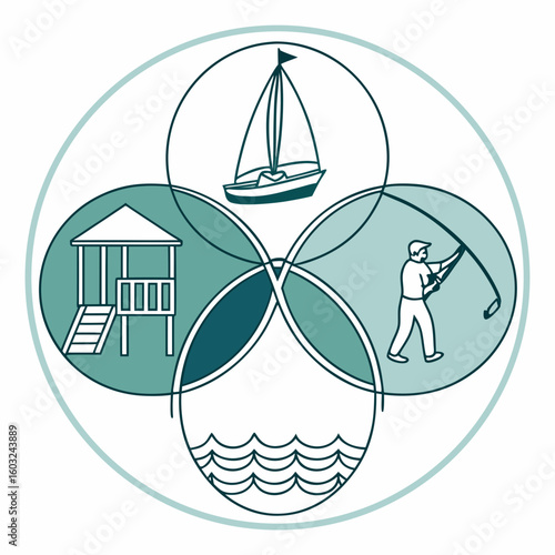 Coastal Leisure Illustration: A harmonious illustration depicts recreational activities around a coastal environment. including sailing, fishing, and a beachside shelter.