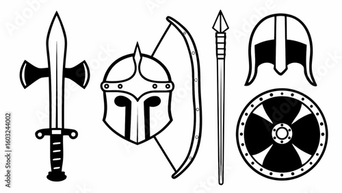 A collection of medieval weapons and armor cartoon illustration on white backdrop perfect for historical or fantasy designs
