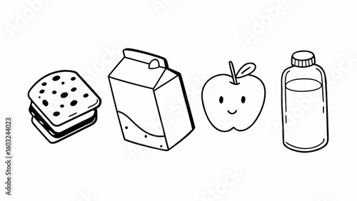 A black and white line art illustration of a school lunch with sandwich milk apple and water bottle