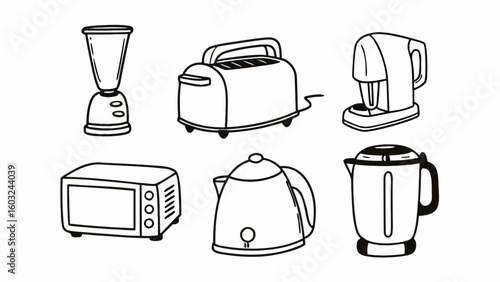 A collection of kitchen appliances in black and white line art featuring a blender toaster coffee maker and microwave