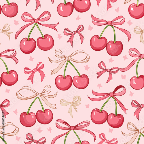 Cherries with pink bows seamless pattern on pastel background. Ideal for feminine design, summer packaging, fabric, wrapping paper, and cute product branding.