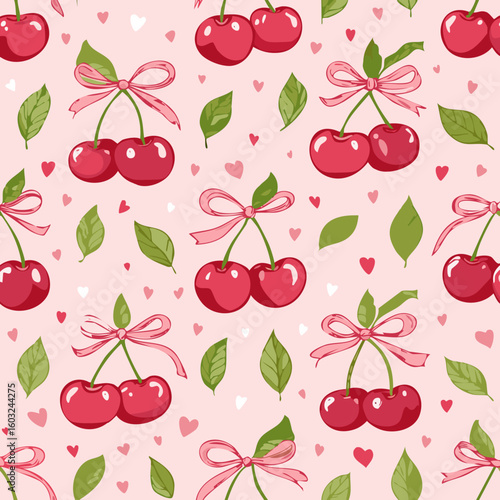 Cherries with pink bows seamless pattern on pastel background. Ideal for feminine design, summer packaging, fabric, wrapping paper, and cute product branding.