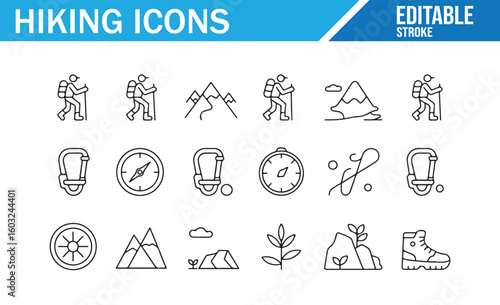 Collection of hiking icons representing mountain climbing, exploration, and outdoor gear