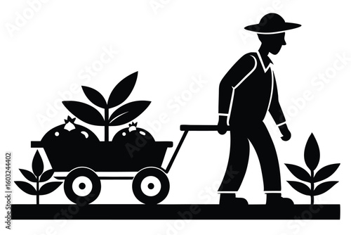 Silhouetted farmer pulling wagon filled with harvested pomegranates and plants on black and white vector illustration