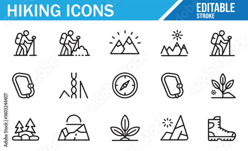 Set of hiking and trekking icons for outdoor sports, climbing, and exploration