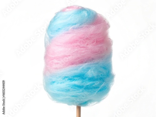 Fluffy pink and blue cotton candy on a stick against a white background