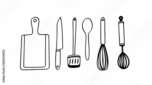 A black and white illustration of kitchen utensils including a cutting board knife spatula spoon whisk and egg beater