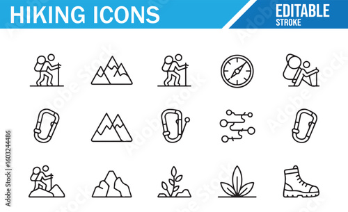 Set of outdoor hiking icons including mountains, carabiners, and trekking boots