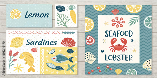 Colorful flat lay of seafood-themed illustrations with fish, crab, lemons, and ocean elements. Playful and artistic design perfect for culinary, marine, or children's content.