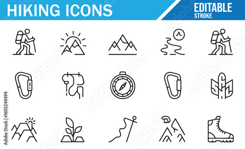 Collection of trekking icons showing nature paths, backpacks, and climbing tools