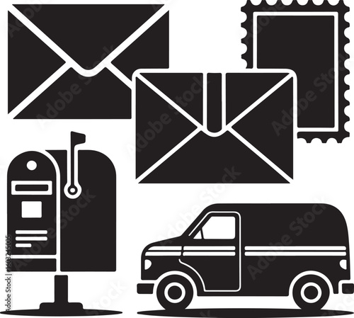 Mailbox envelopes postage stamp delivery van postal transport