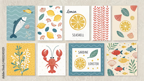 Colorful flat lay of seafood-themed illustrations with fish, crab, lemons, and ocean elements. Playful and artistic design perfect for culinary, marine, or children's content.