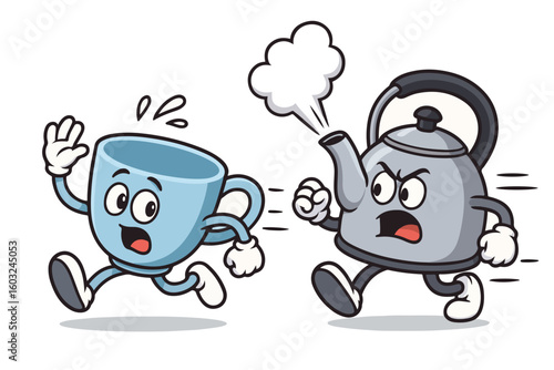 Cartoon cup running away from an angry kettle in a playful chase