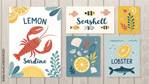 Colorful flat lay of seafood-themed illustrations with fish, crab, lemons, and ocean elements. Playful and artistic design perfect for culinary, marine, or children's content.