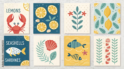Colorful flat lay of seafood-themed illustrations with fish, crab, lemons, and ocean elements. Playful and artistic design perfect for culinary, marine, or children's content.