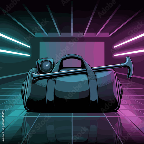 Stylish duffel bag with walking cane in futuristic neon background  