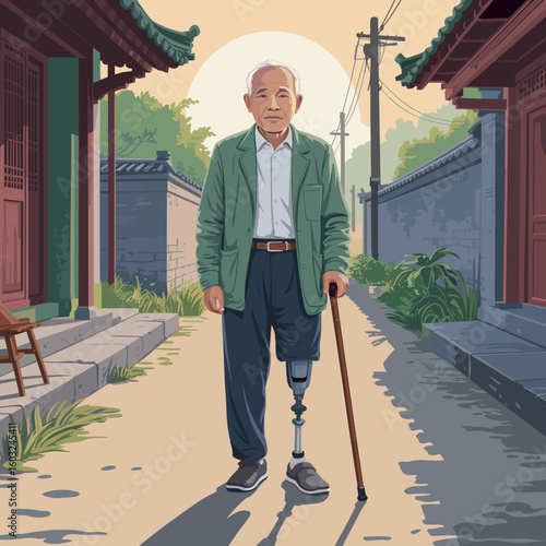 Elderly man walking with prosthetic leg and cane on quiet street  