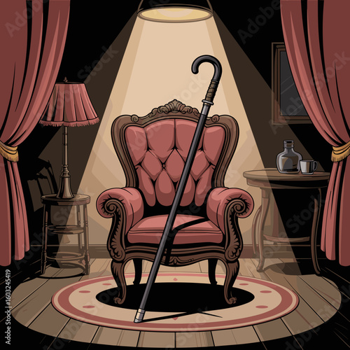 Vintage armchair with walking cane in spotlighted room interior  