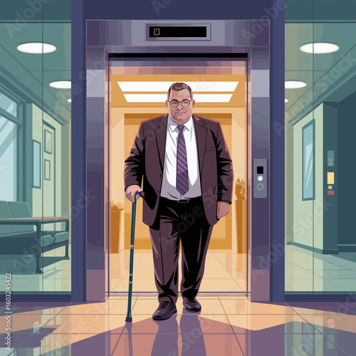 Elderly man using walking cane while exiting elevator in office setting  