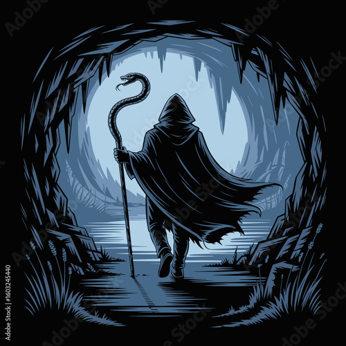 Hooded figure walking with a snake staff in a dark cave environment  