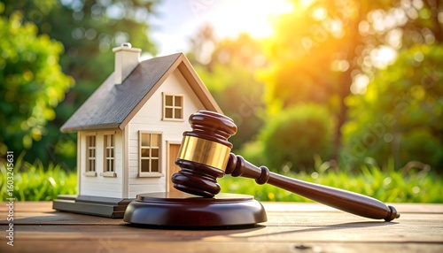 Miniature house and gavel on wooden table