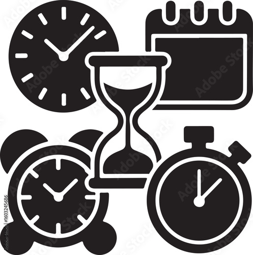 Various timekeeping devices including an hourglass and clocks stopwatch alarm