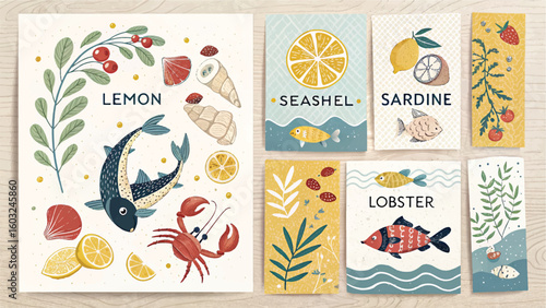 Colorful flat lay of seafood-themed illustrations with fish, crab, lemons, and ocean elements. Playful and artistic design perfect for culinary, marine, or children's content.