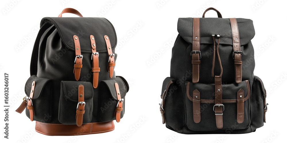 Naklejka premium Set of cool looking black backpack with leather accents isolated on a transparent background