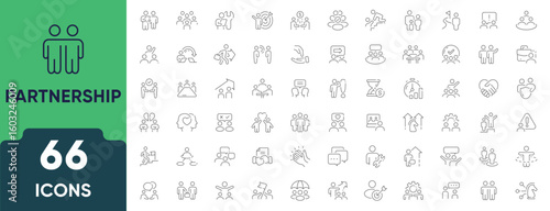 Partnership Icon Set. Features linear icons for collaboration, handshake, teamwork, business deals, cooperation, and alliance. Perfect for corporate, startup, and business visuals. Editable stroke.