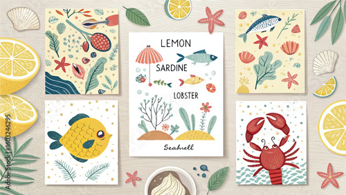 Colorful flat lay of seafood-themed illustrations with fish, crab, lemons, and ocean elements. Playful and artistic design perfect for culinary, marine, or children's content.