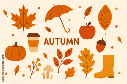 "Colorful autumn-themed illustration with pumpkins, leaves, mushrooms, and other seasonal elements, centered around the word 'AUTUMN'."