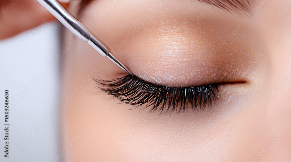 Naklejka premium Close-up: lash enhancement for striking eyes. A silver tool delicately applies product, showcasing the artistry of beauty enhancements.