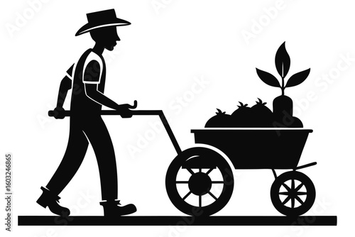 Silhouette of a Farmer Pushing Wheelbarrow Full of Harvested Vegetables and a Young Plant