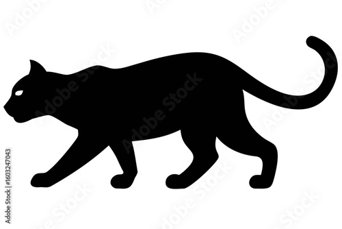 Black silhouette of a stalking cat on a white background