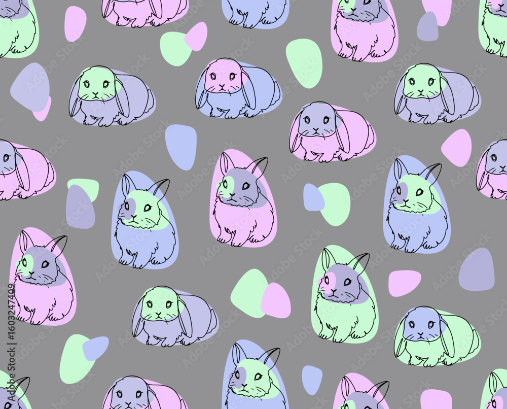 Fototapeta premium Seamless pattern with cute rabbits in line art style for wrapping paper.