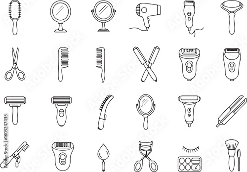 Grooming tools icon set, personal care vector graphics, hair and beauty essentials, salon accessories illustrations for web, packaging, tutorials, apps, and lifestyle branding