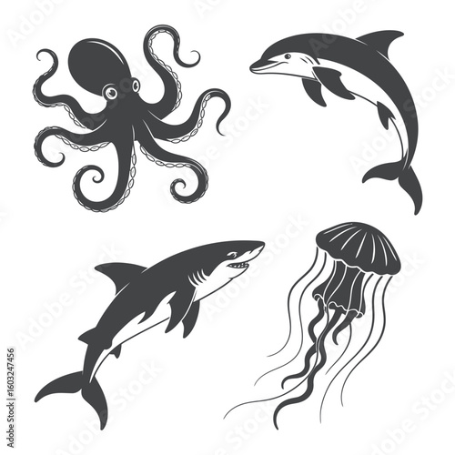 Oceanic Wildlife Collection Octopus Dolphin Shark Jellyfish Vector Illustration Marine Animals Sea Creatures Underwater World Aquatic Life Design