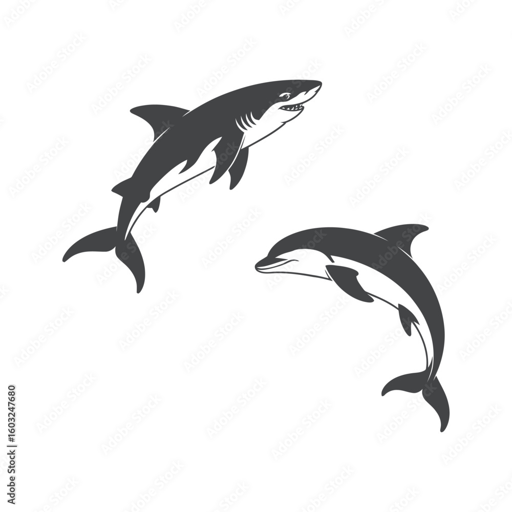 Fototapeta premium Shark and Dolphin Silhouette Vector Illustration Swimming Together in the Ocean Depths, Marine Wildlife, Aquatic Predators and Friendly Sea Creatures
