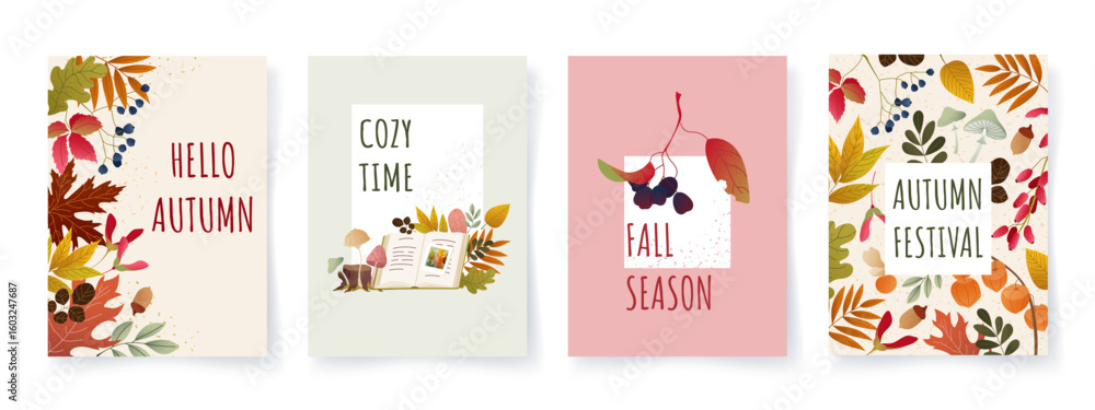 Fototapeta premium Set of cozy autumn cards with colorful leaves, berries. Thanksgiving day trendy backgrounds. Fall vector illustrations for seasonal card, poster, print, social media, sale, advertisin, banner design