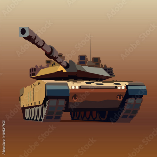 
modern Military tank in yellowish shades in flat style isolated on brown background. Vector illustration. For powerful vector illustrations of military equipment, design of chevrons, pins 